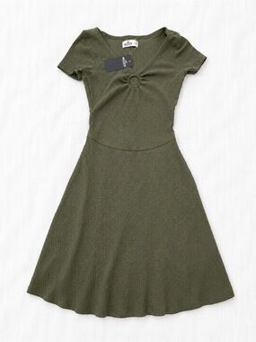 Hollister Olive Green Ribbed Knit Ring-Front Fit & Flare Dress